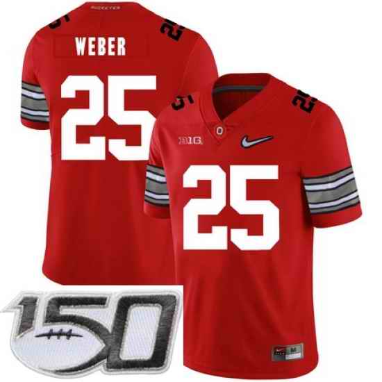 Ohio State Buckeyes 25 Mike Weber Red Diamond Nike Logo College Football Stitched 150th Anniversary Patch Jersey